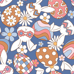 Seamless vector pattern with cute groovy rabbit and Easter eggs. Hand drawn boho illustration. Perfect for textile, wallpaper or nursery print design. EPS10 vector file.