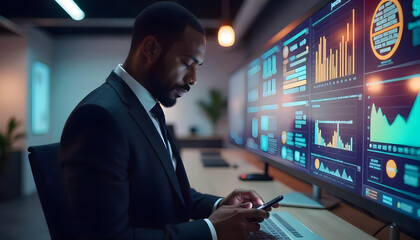 Focused Businessman Checking Mobile Data at Night. A dark, professional setting at night