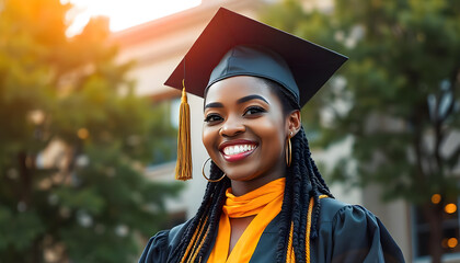 Smiling African American Graduate in Cap and Gown. A joyful African American woman wearing a graduation cap and gown, smiling broadly