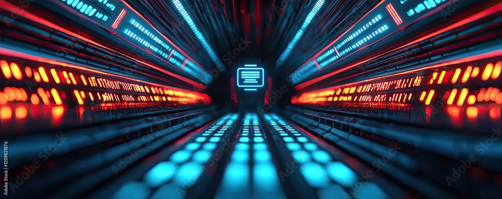 Poster ai guidance concept. futuristic digital tunnel with glowing lines and vibrant colors representing da