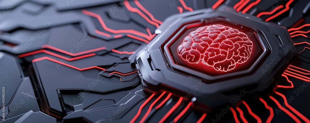 Poster ai guidance concept. futuristic circuit board design with red brain-like center for technology theme