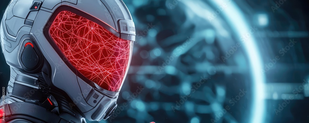 Poster ai guidance concept. futuristic robotic character with glowing elements in a digital environment.