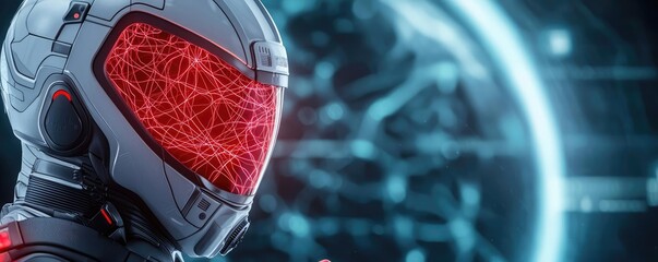 Fototapeta premium Ai guidance concept. Futuristic robotic character with glowing elements in a digital environment.