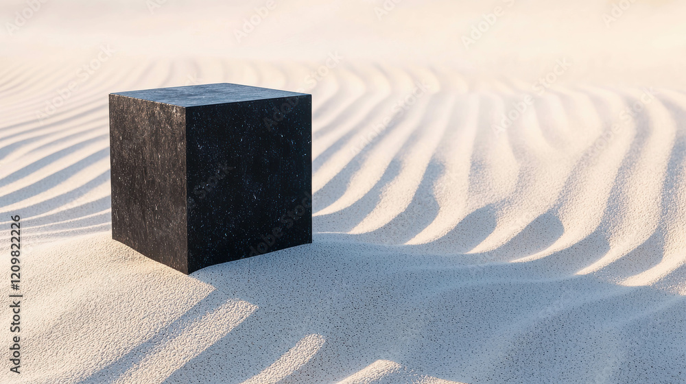 Poster minimalist zen garden with sand patterns and black cube in tranquil setting
