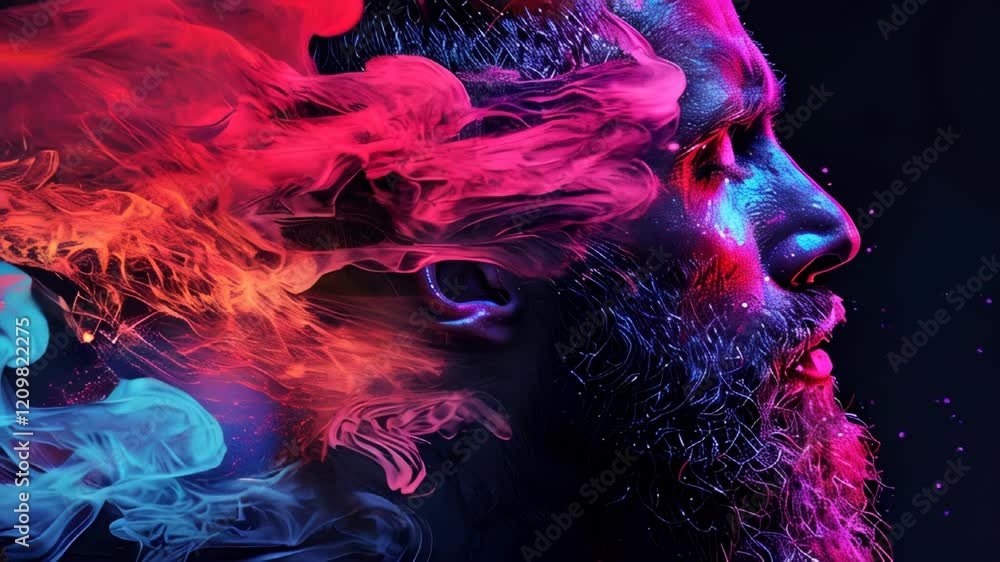 Poster creative portrait of a man surrounded by colorful smoke in a dark setting highlighting artistic expr