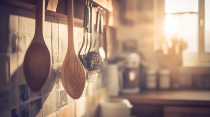 Sunlit kitchen wall with wooden spoons and metal utensils hanging on a rack.