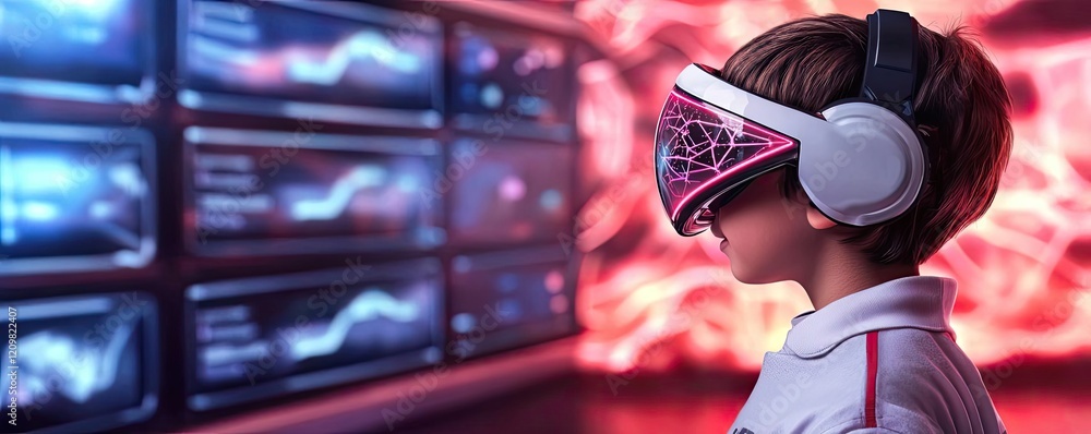 Poster personalized learning ai idea. a child experiencing virtual reality with futuristic visuals in the b