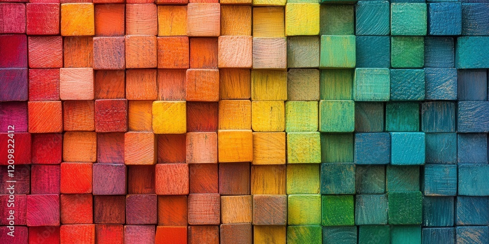 Poster colorful wooden blocks arranged in a vibrant rainbow pattern showcasing a spectrum of colors from re