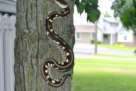 A carpet python coiled around a tree trunk in a suburban backyard, blending with the tree's bark and leaves