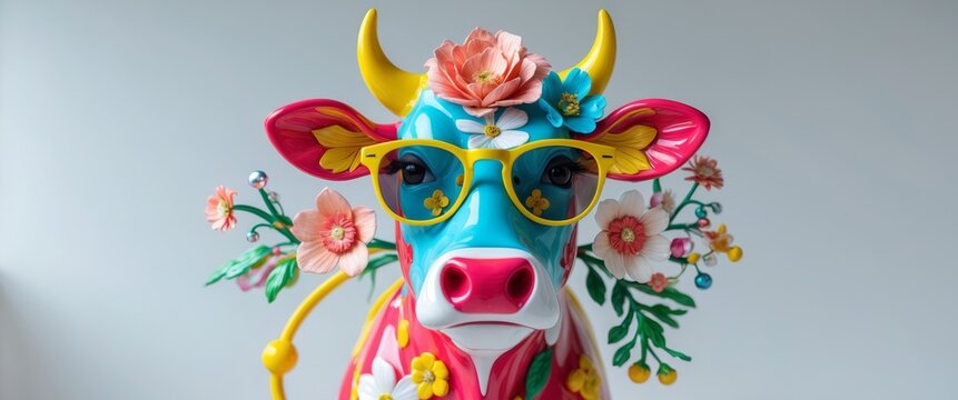 Colorful cow sculpture with yellow sunglasses and floral decorations.
