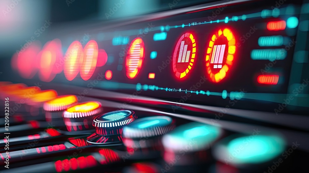 Poster student progress ai idea. close-up of a modern sound mixer with vibrant led lights and controls.