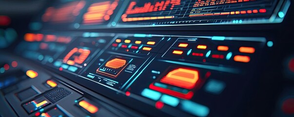 Personalized learning ai idea. Futuristic control panel with vibrant neon lights and interactive displays.