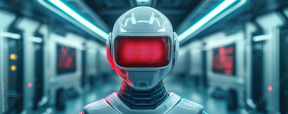 Aufkleber ai guidance concept. futuristic robot in a high-tech corridor with glowing lights.