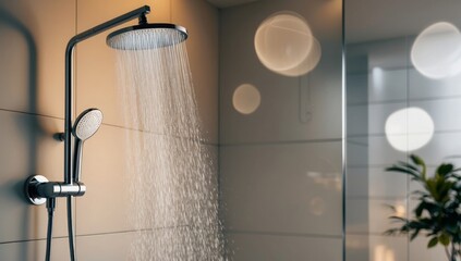 Chrome water-efficient showerhead installed in a modern bathroom, sustainability and comfort.