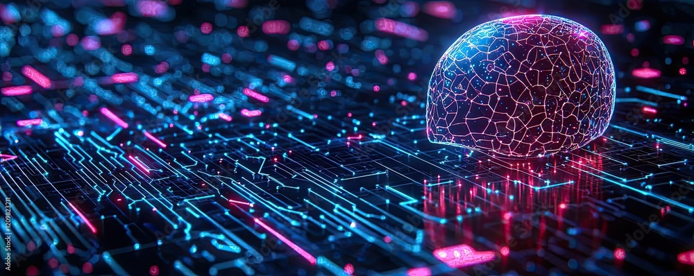 Aufkleber ai guidance concept. futuristic digital landscape with vibrant neon elements and abstract patterns.