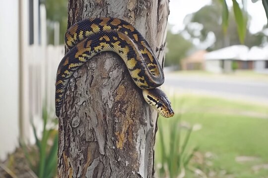 A carpet python coiled around a tree trunk in a suburban backyard, blending with the tree's bark and leaves