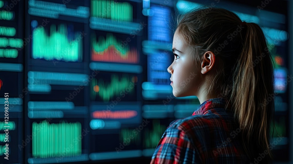 Poster student progress ai idea. a young girl analyzes data on modern digital screens in a tech environment