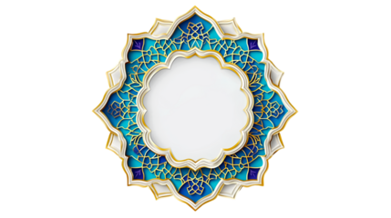 Eid Mubarak greeting card, Islamic geometric pattern, ornate frame, elegant decorative design with transparent background