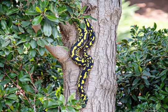 A carpet python coiled around a tree trunk in a suburban backyard, blending with the tree's bark and leaves