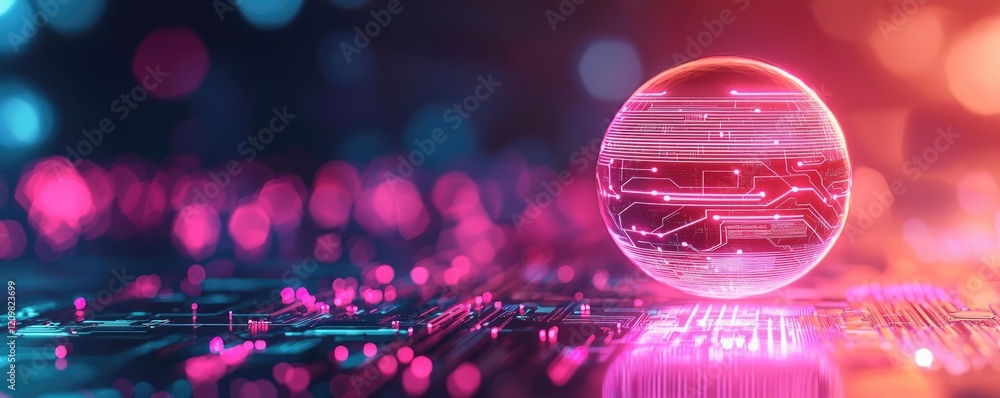 Poster ai guidance concept. futuristic digital sphere on circuit board with vibrant colors and intricate pa