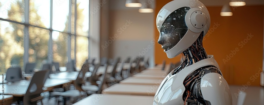 Poster personalized learning ai idea. futuristic robot in a modern office setting, showcasing advanced arti