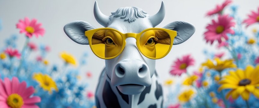 Creative cow sculpture with yellow sunglasses and colorful flowers