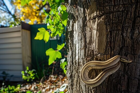 A carpet python coiled around a tree trunk in a suburban backyard, blending with the tree's bark and leaves