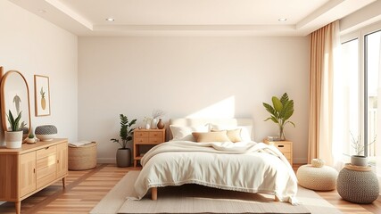 Cozy Boho Minimal Bedroom Mockup - Beige Tones