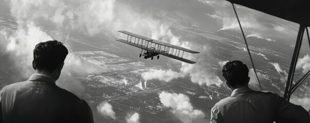 A depiction of the Wright brothers' first powered flight, their invention revolutionizing transportation and opening up new frontiers.