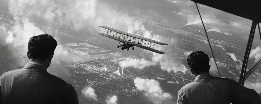 A depiction of the Wright brothers' first powered flight, their invention revolutionizing transportation and opening up new frontiers.
