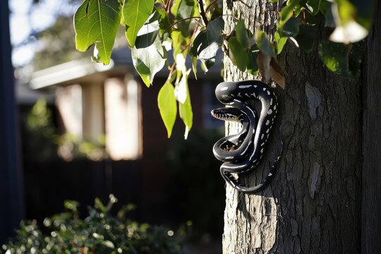 A carpet python coiled around a tree trunk in a suburban backyard, blending with the tree's bark and leaves