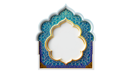3D render of a blue and gold ornate Islamic arch, mosque window, intricate geometric patterns, arabic architecture on transparent background