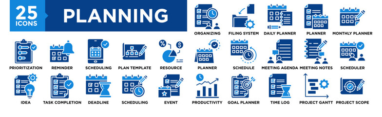 Planning and Organizing icon collection set. Containing design office, business, plan, management, schedule, calendar	