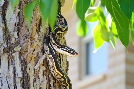 A carpet python coiled around a tree trunk in a suburban backyard, blending with the tree's bark and leaves