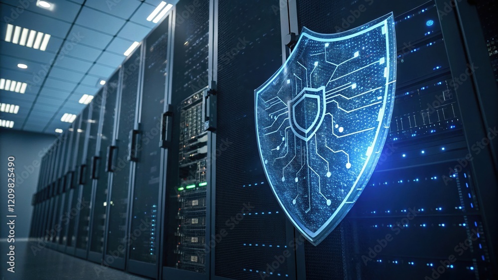 Poster a high-tech server room featuring a glowing digital shield symbolizing cybersecurity and data protec