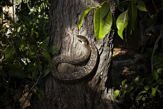 A carpet python coiled around a tree trunk in a suburban backyard, blending with the tree's bark and leaves