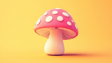 A cartoon mushroom with a pink cap covered in white dots, on a pastel orange background.