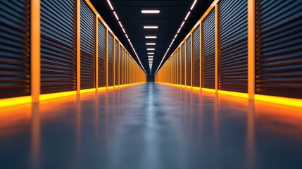 Modern Storage Facility Corridor with Illuminated Orange Lighting