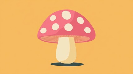 A cartoon mushroom with a pink cap covered in white dots, on a pastel orange background.