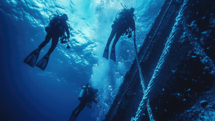 Scuba Divers Exploring A Shipwreck In Deep Blue Ocean Waters