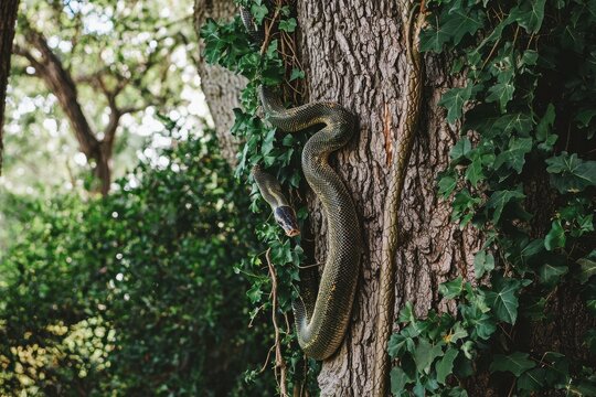 A carpet python coiled around a tree trunk in a suburban backyard, blending with the tree's bark and leaves