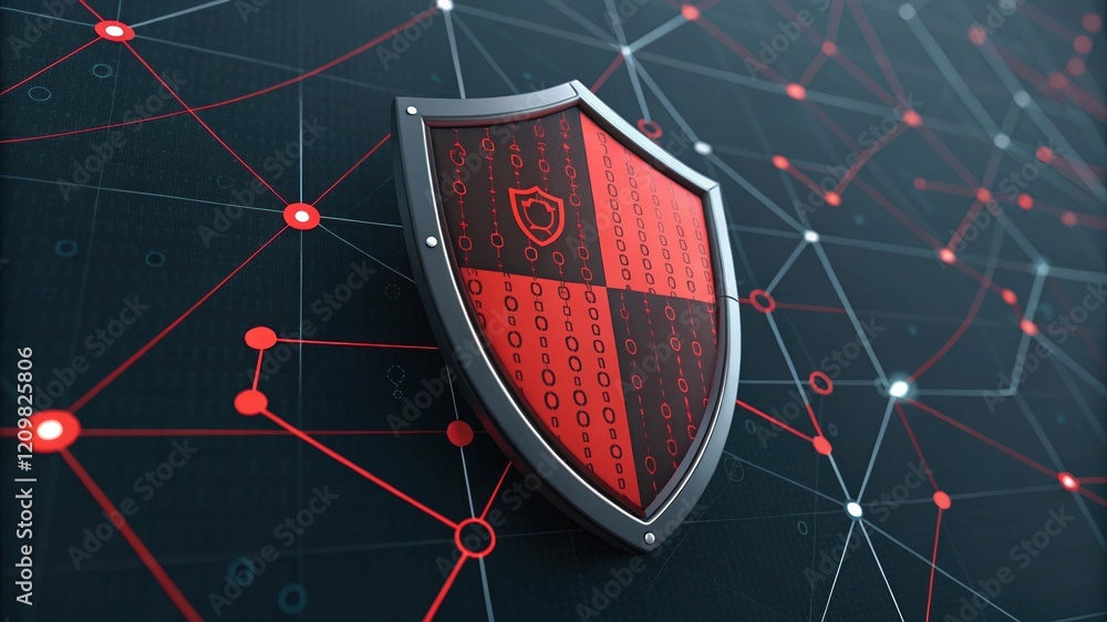 Poster a digital shield symbolizing cybersecurity, featuring red and black colors against a network backgro