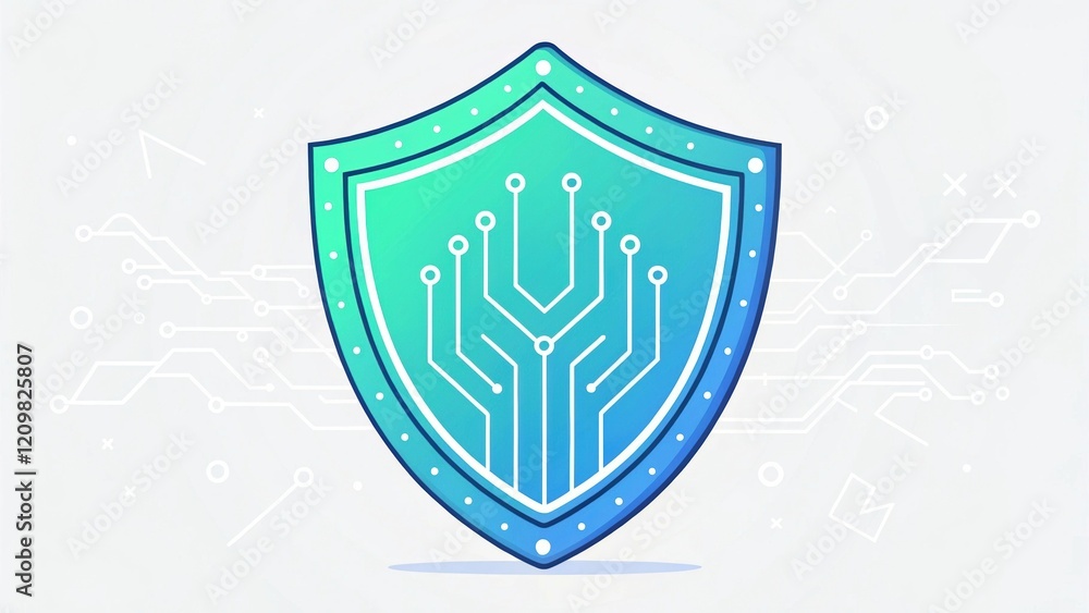 Poster a stylized shield logo featuring circuit patterns, symbolizing digital security and technology.