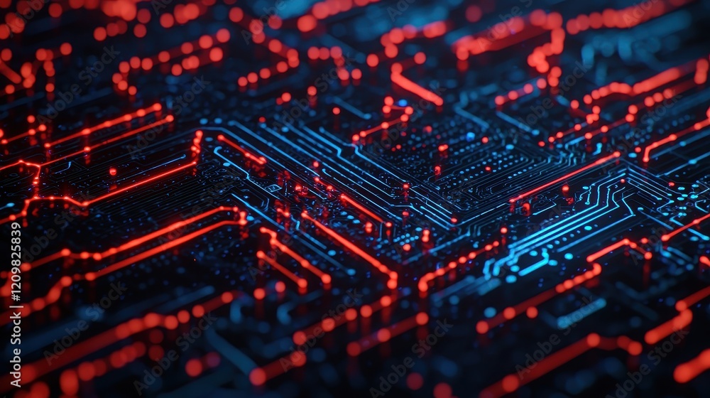Aufkleber intricate circuit board with red and blue illuminated patterns