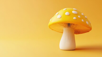 A cartoon mushroom with a yellow cap and white dots, on a light orange background.