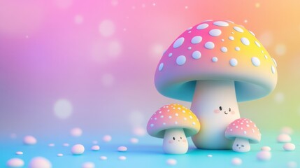 A cartoon-style mushroom family with colorful dotted caps, on a vibrant pastel background.