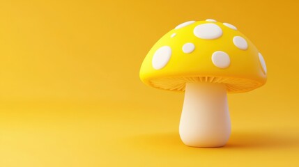 A cartoon mushroom with a yellow cap and white dots, on a light orange background.