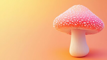 A cartoon mushroom with a pink cap covered in white dots, on a pastel orange background.