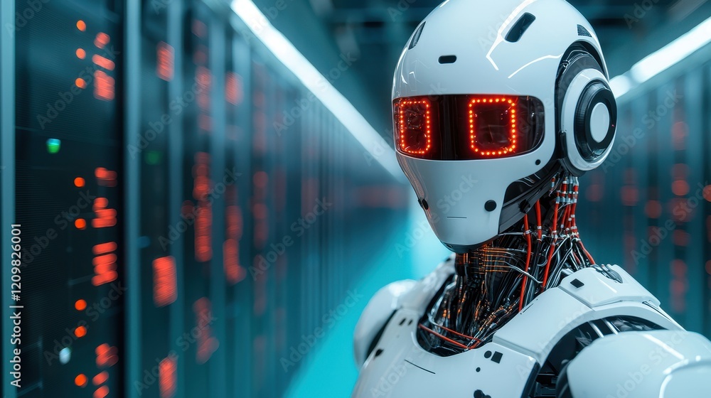 Aufkleber futuristic robot in high-tech data center with neon lights