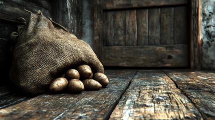 Obraz premium Organic Potato Sack Spilling Onto Rustic Wooden Floor in 3D
